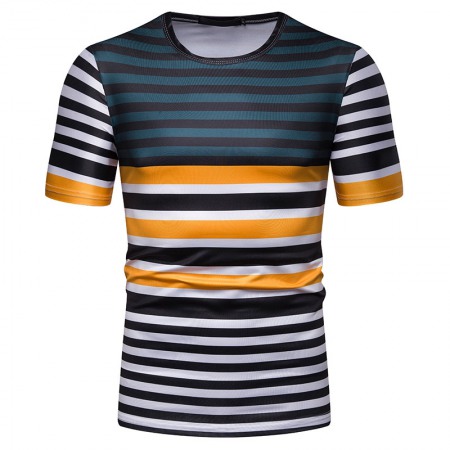 New Summer Men's Short-Sleeved T-Shirt Contrast Striped Slim Casual T-Shirt